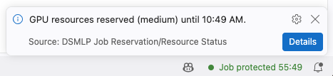 The VS Code status bar reading Job protected 55:49, below a notification that
says GPU resources reserved (medium) until 10:49 AM, from PARASOL Job
Reservation/Resource Status, with a Details
button.